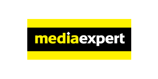 The image shows the Media Expert logo, featuring the words media expert in bold lowercase letters, with media in yellow and expert in white on a black background, bordered by yellow stripes.