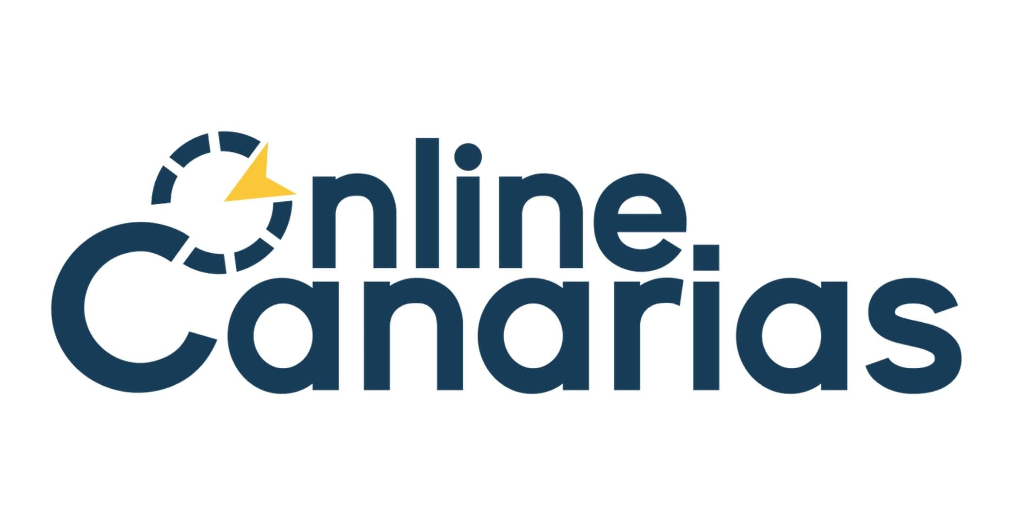 Logo with the words “online Canarias” in dark blue. The letter O is stylized as a circular arrow with a yellow arrowhead, suggesting movement or direction. The background is white.