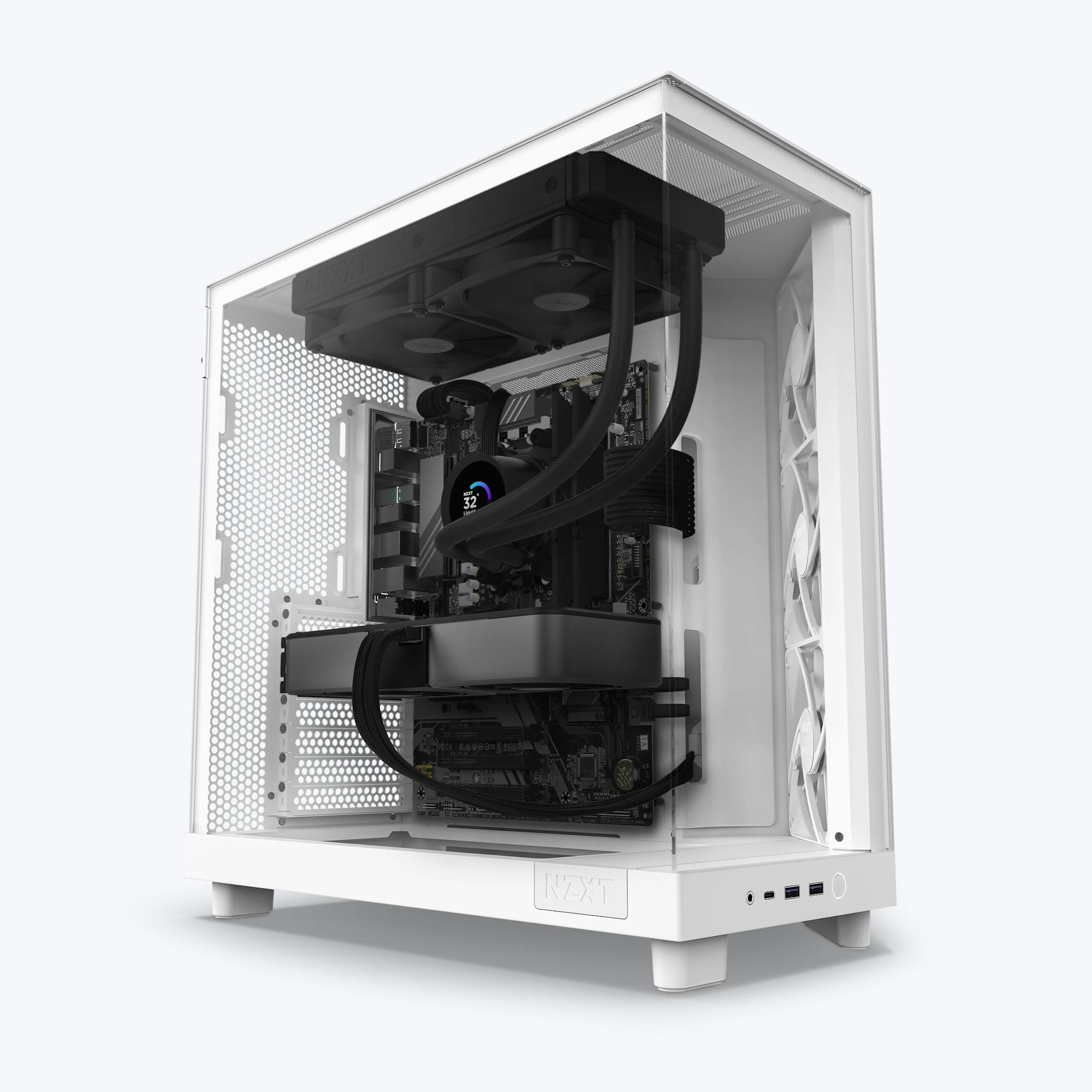 The Refurbished Player Two Base - #8509 by NZXT features a white case with a transparent side panel, showcasing liquid cooling, fans, organized cables, and a vertical GPU mount—making it a stylish choice for refurbished gaming PCs.