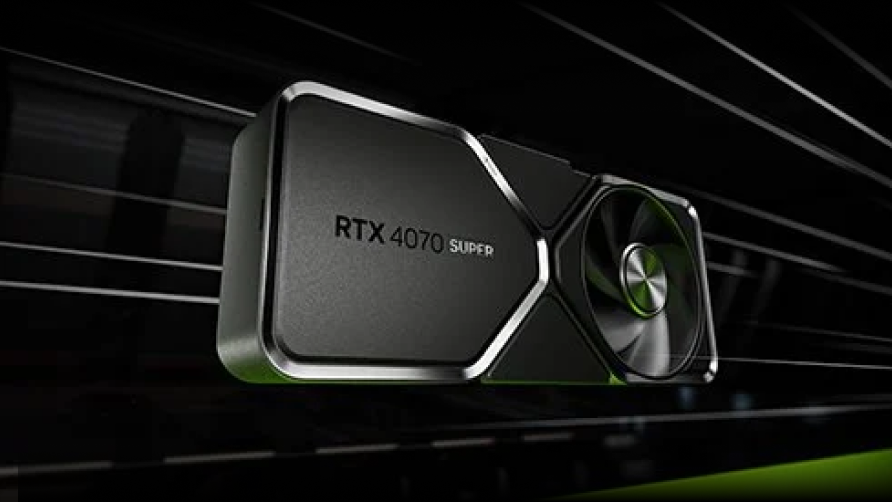 A close-up view of an NVIDIA RTX 4070 Super graphics card, featuring a sleek black design with silver accents and a prominent cooling fan on the right side.