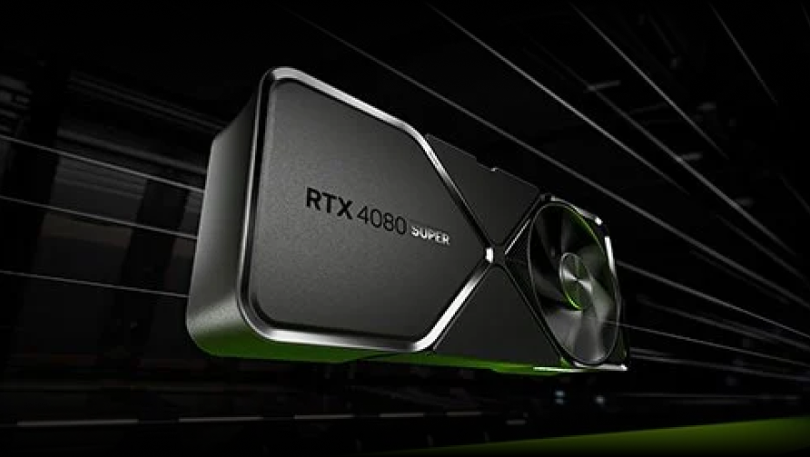 A black NVIDIA RTX 4080 Super graphics card is shown floating against a dark, futuristic background with diagonal light streaks.