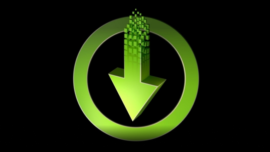 A green downward arrow inside a green circle, with the arrow’s top made of small, rising green cubes, all set against a black background.