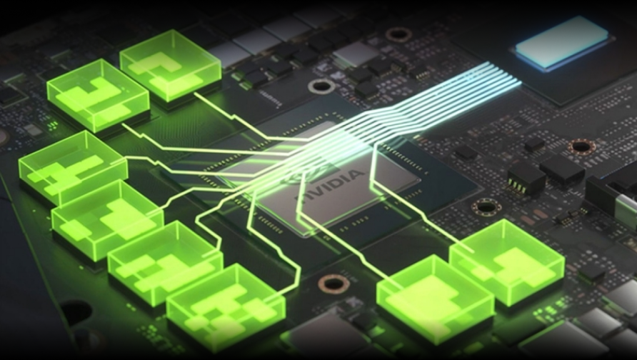 A close-up of a computer circuit board labeled NVIDIA, with green, glowing digital cubes and lines overlayed, illustrating data processing or AI technology concepts.