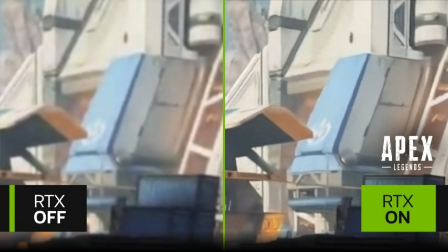 Side-by-side comparison of Apex Legends graphics with RTX off (left) and RTX on (right). The RTX on side appears crisper and more detailed. Text reads RTX OFF and RTX ON at the bottom, with the Apex Legends logo on the right.