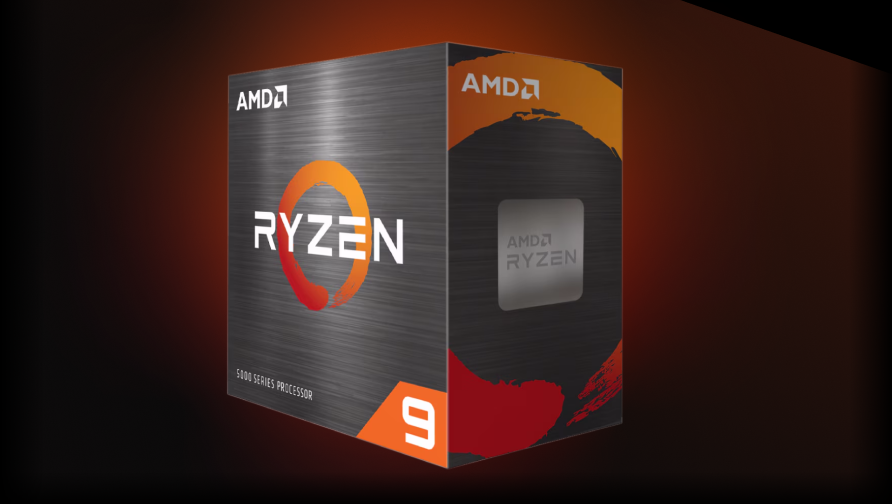 A 3D-rendered image of an AMD Ryzen 9 processor box featuring the AMD and Ryzen logos, a stylized orange and red circular design, and bold “9” indicating the series on a dark background.