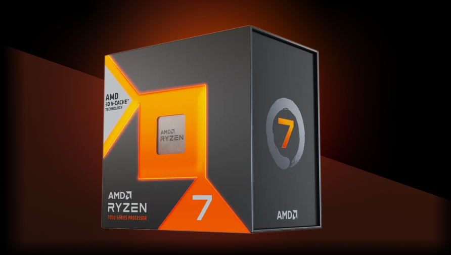A retail box of AMD Ryzen 7 7000 series processor, featuring a visible CPU chip through a cutout and a bold orange and black design with the Ryzen logo and the number 7 on the front.