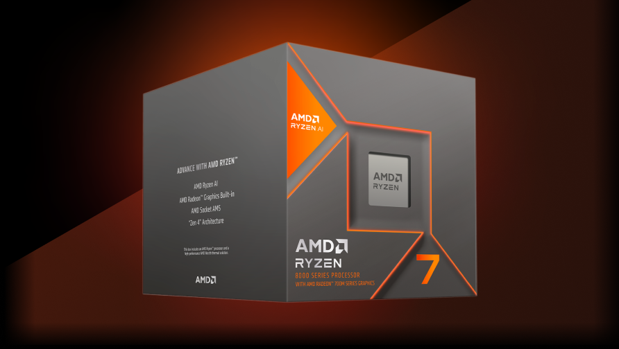 A 3D-rendered image of an AMD Ryzen 7 8000 Series processor box, featuring a gray and orange design with the AMD Ryzen logo and text highlighting its AI features and performance.