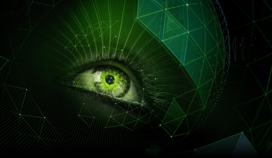 A green human eye surrounded by digital geometric patterns and abstract lines, creating a futuristic and technological effect with a glowing green color scheme.