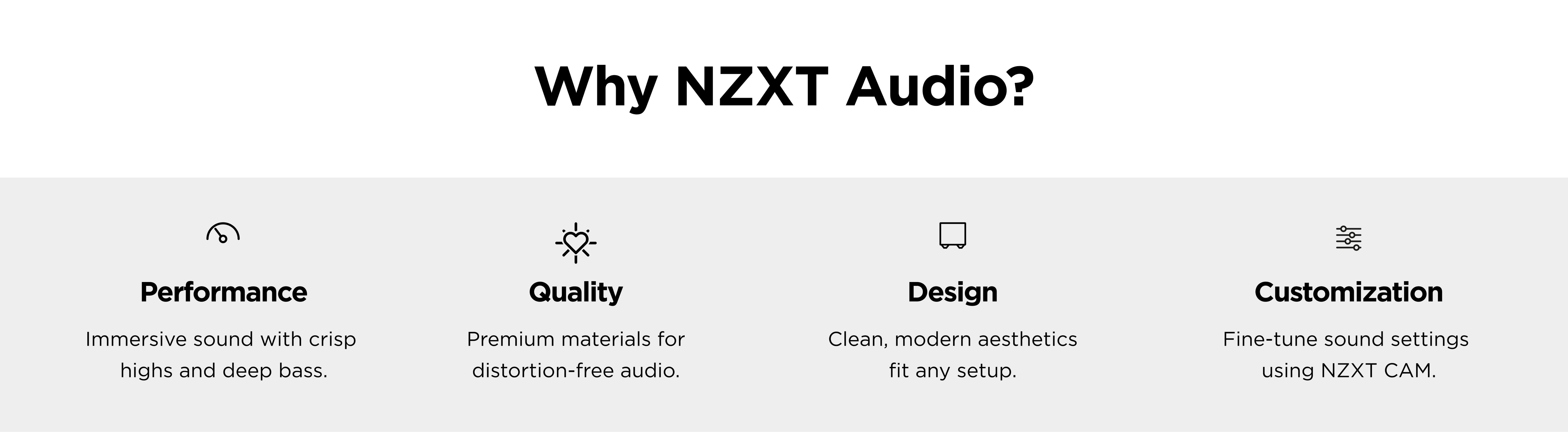 A graphic titled Why NZXT Audio? highlights four features: Performance, Quality, Design, and Customization, each with an icon and brief description beneath the heading on a light gray background.