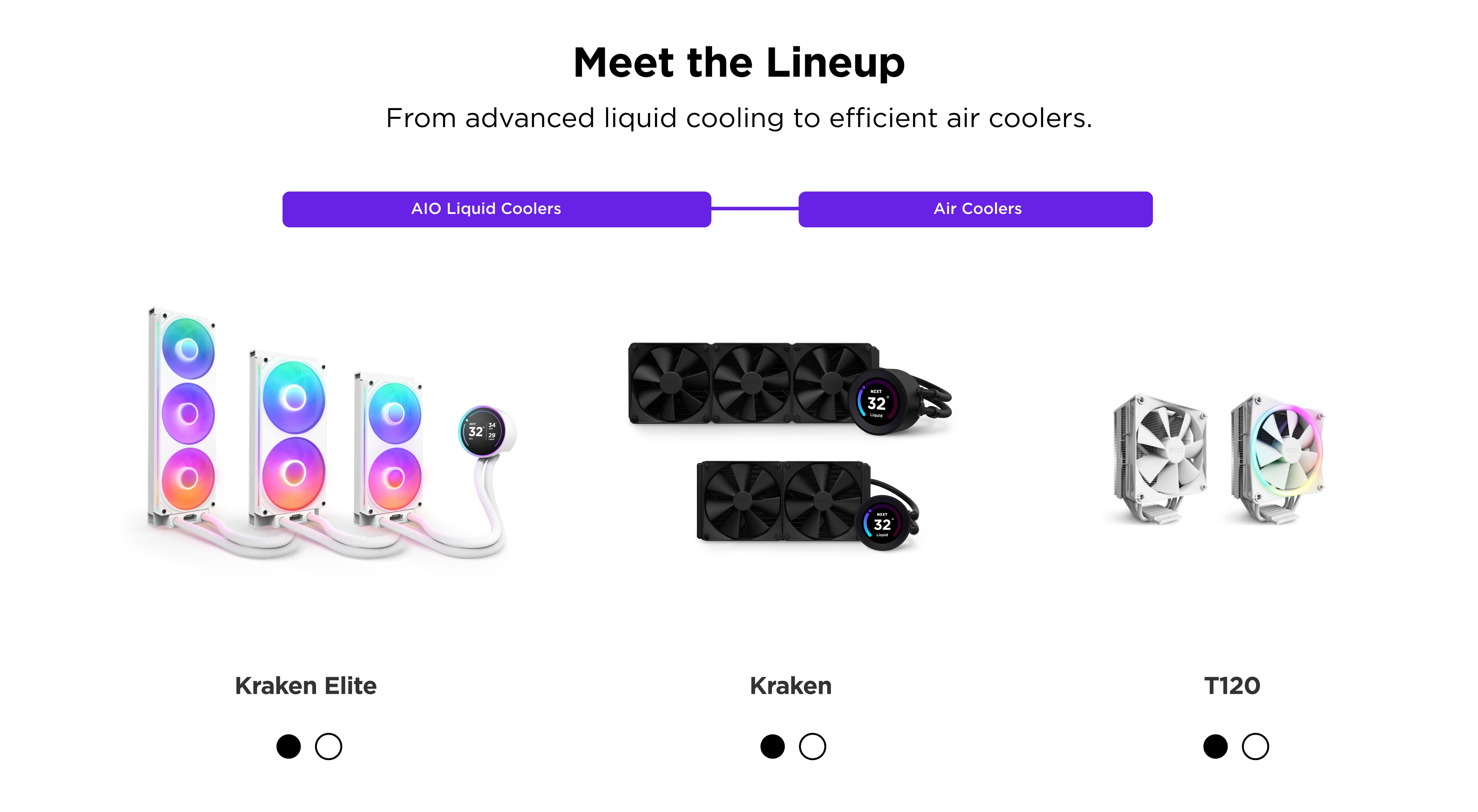 A comparison lineup of three computer coolers: Kraken Elite (white with RGB lights), Kraken (black), and T120 (compact silver air cooler), with labeled tabs for “AIO Liquid Coolers” and “Air Coolers” at the top.