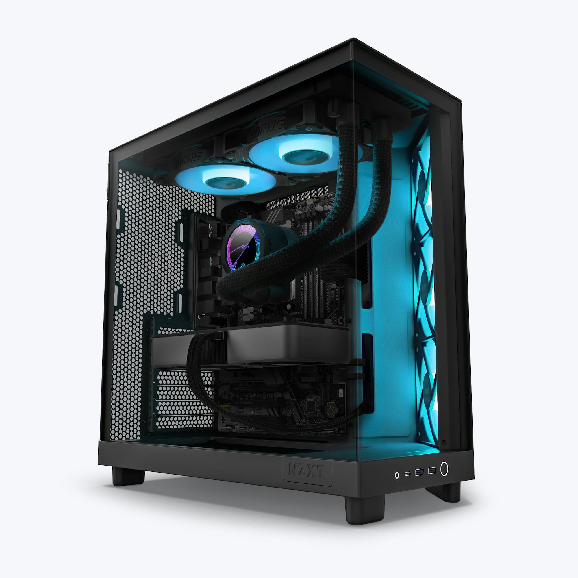 The NZXT Refurbished Player Two Prime - #8306 is a modern prebuilt gaming PC with a glass side panel that displays its internal components and blue LED-lit cooling fans, shown against a plain white background.
