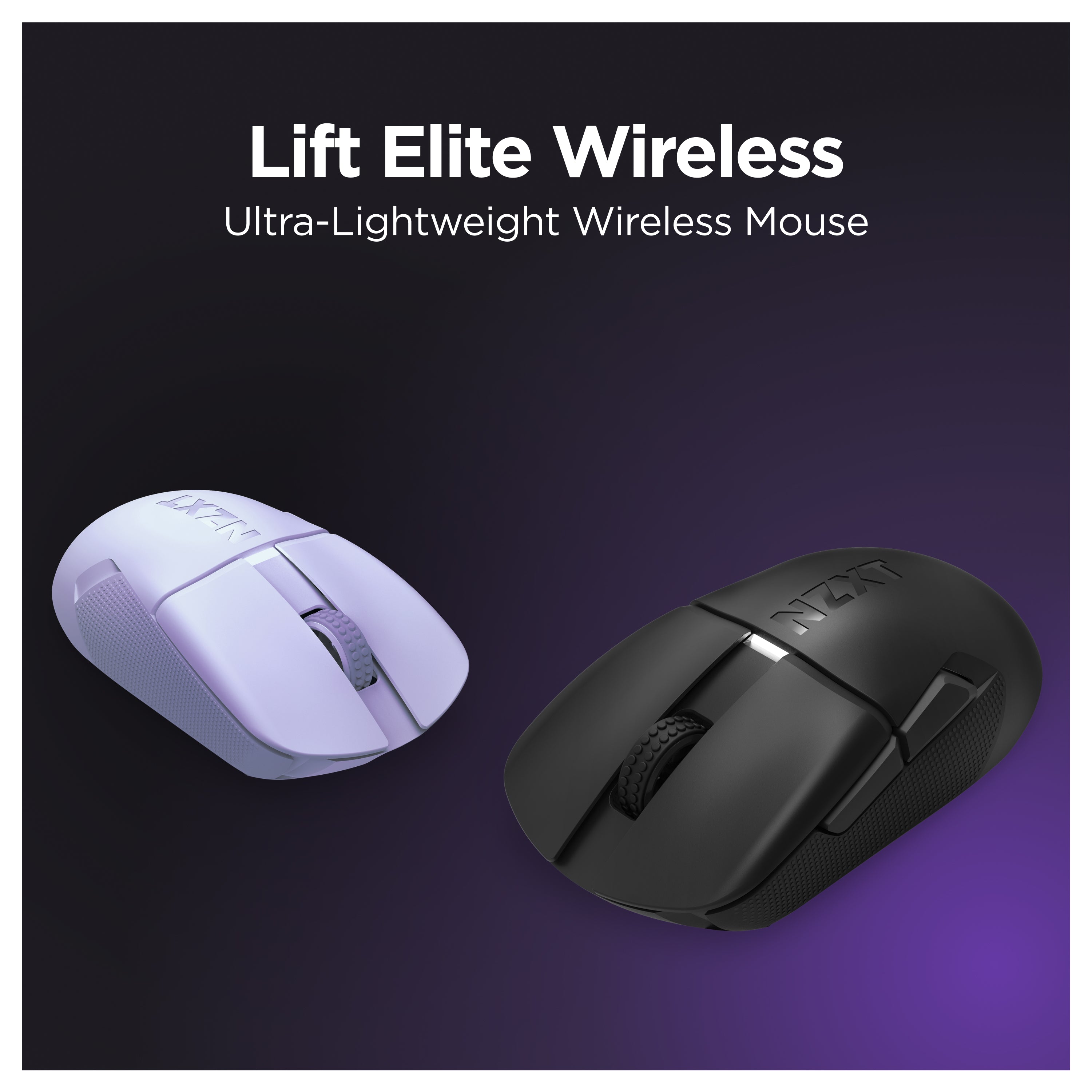 Two Lift Elite Wireless mice, one white and one black, are displayed on a dark gradient background with the text Lift Elite Wireless Ultra-Lightweight Wireless Mouse above them.