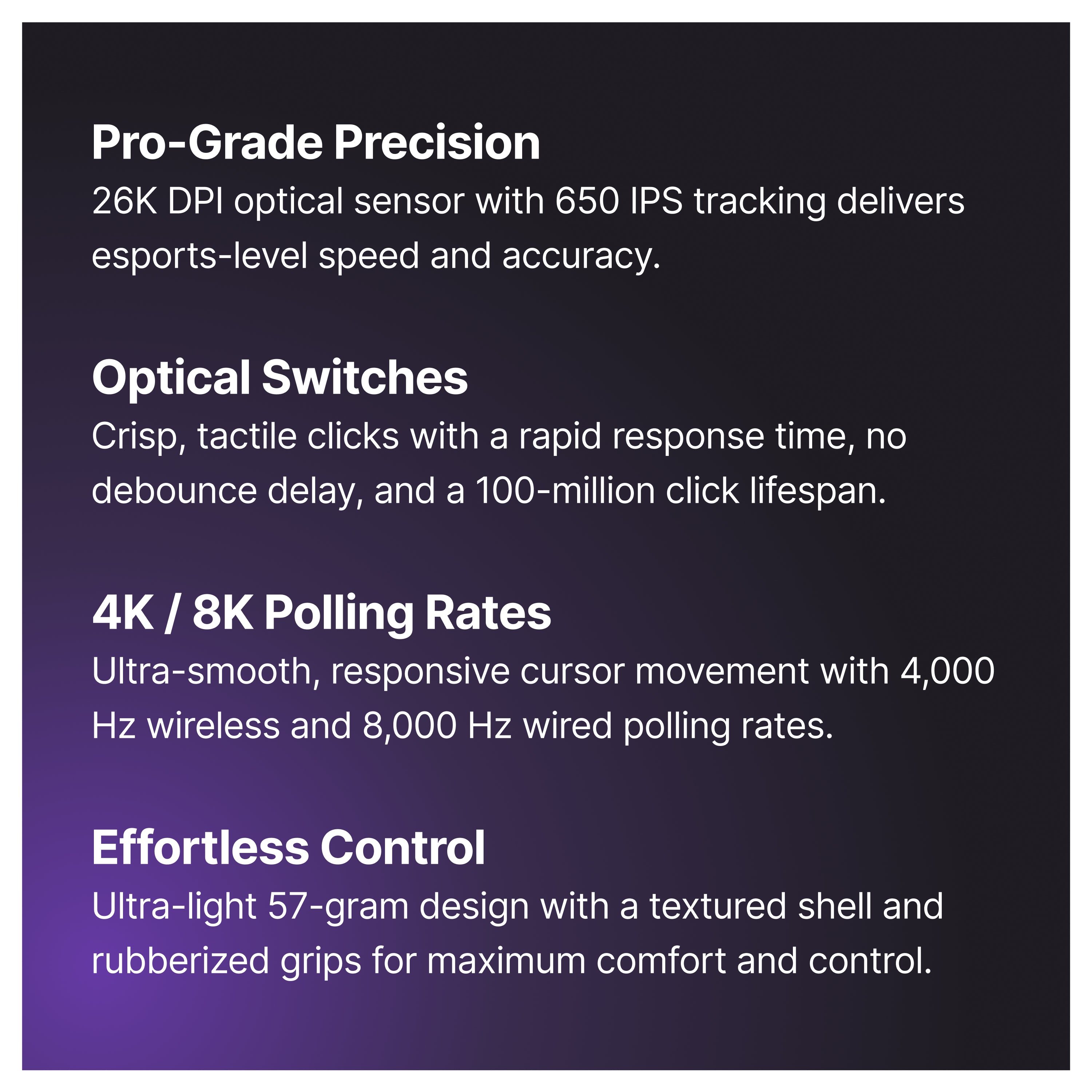 A list of four gaming mouse features on a dark background: pro-grade precision, optical switches, 4K/8K polling rates, and effortless control, each described with details about performance, durability, and design.