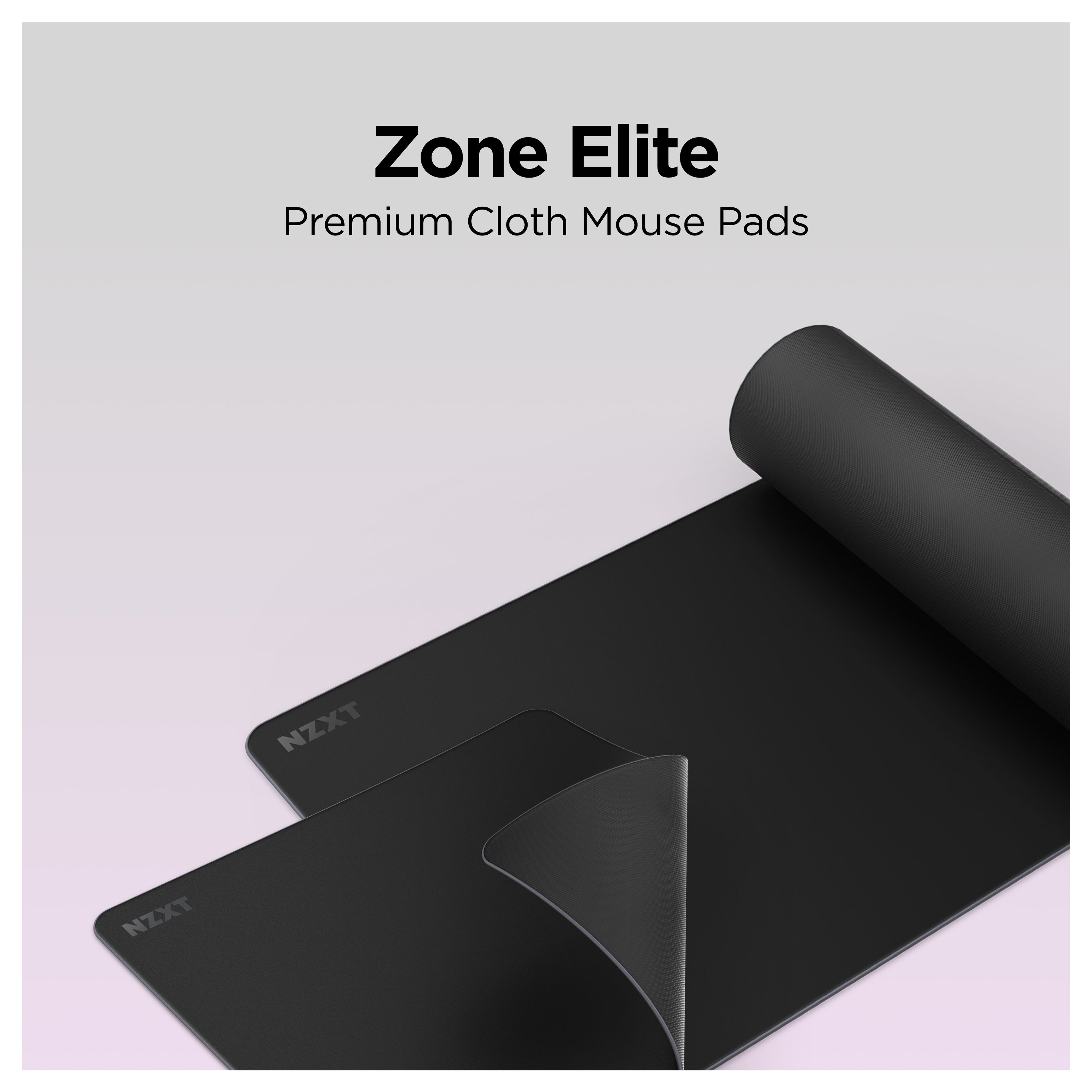 Two black NZXT Zone Elite premium cloth mouse pads are shown, one rolled and one flat with a corner lifted to reveal the underside. The background is light gray with product text above.
