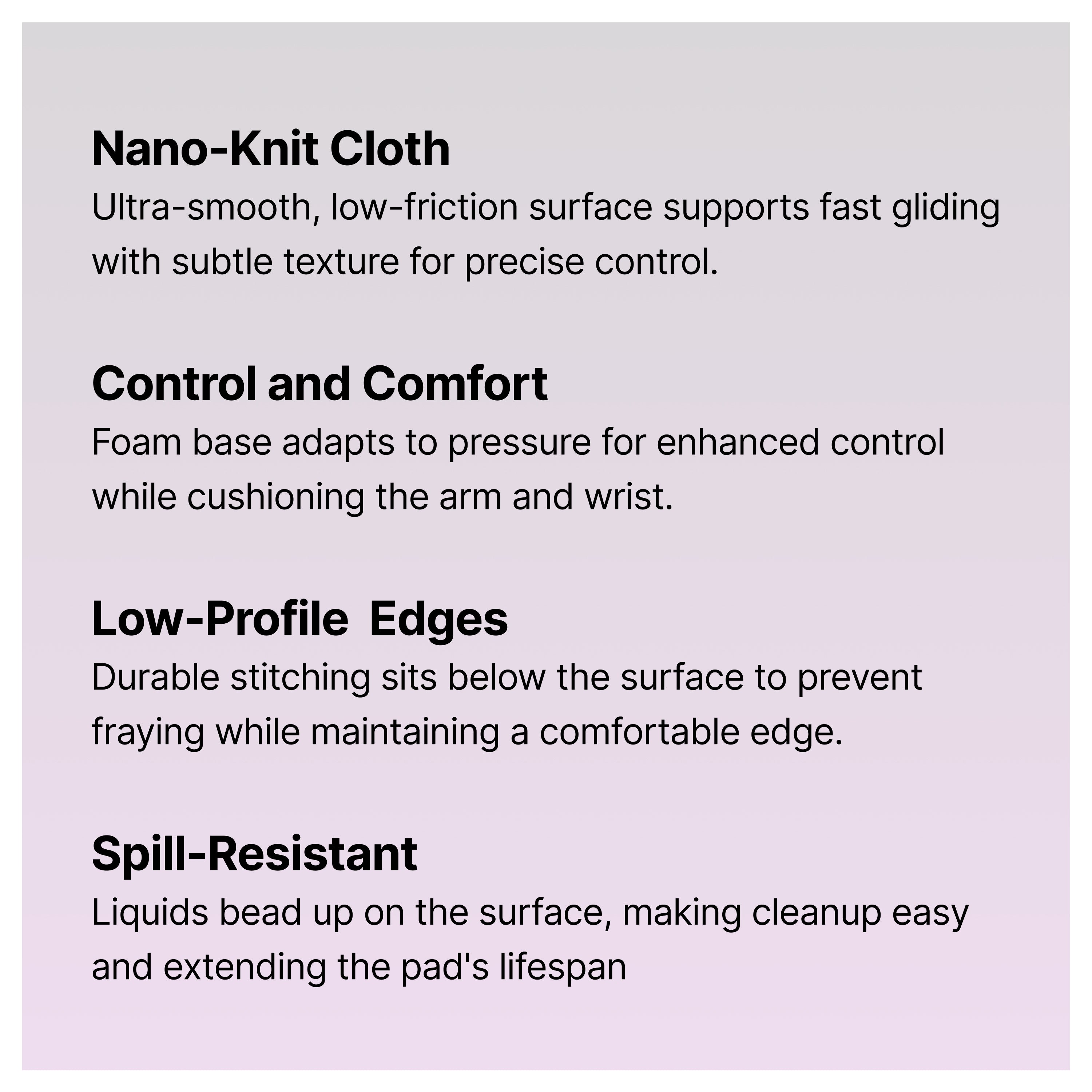 A product feature list with headings: Nano-Knit Cloth, Control and Comfort, Low-Profile Edges, and Spill-Resistant, each describing benefits such as smooth surface, foam base, durable stitching, and easy cleanup.
