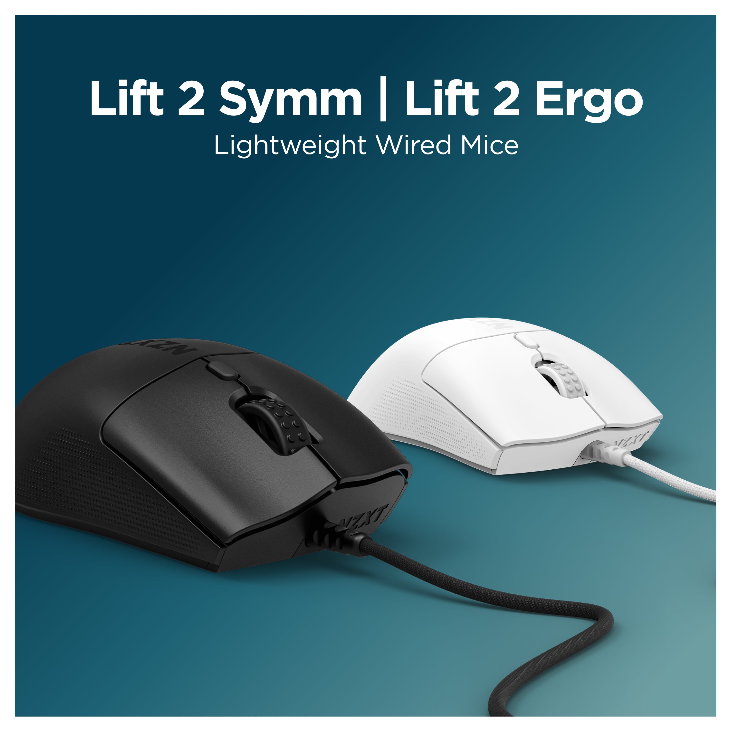 Two computer mice, one black and one white, are shown side by side on a gradient blue background. Both are wired and labeled as Lift 2 Symm and Lift 2 Ergo lightweight wired mice.