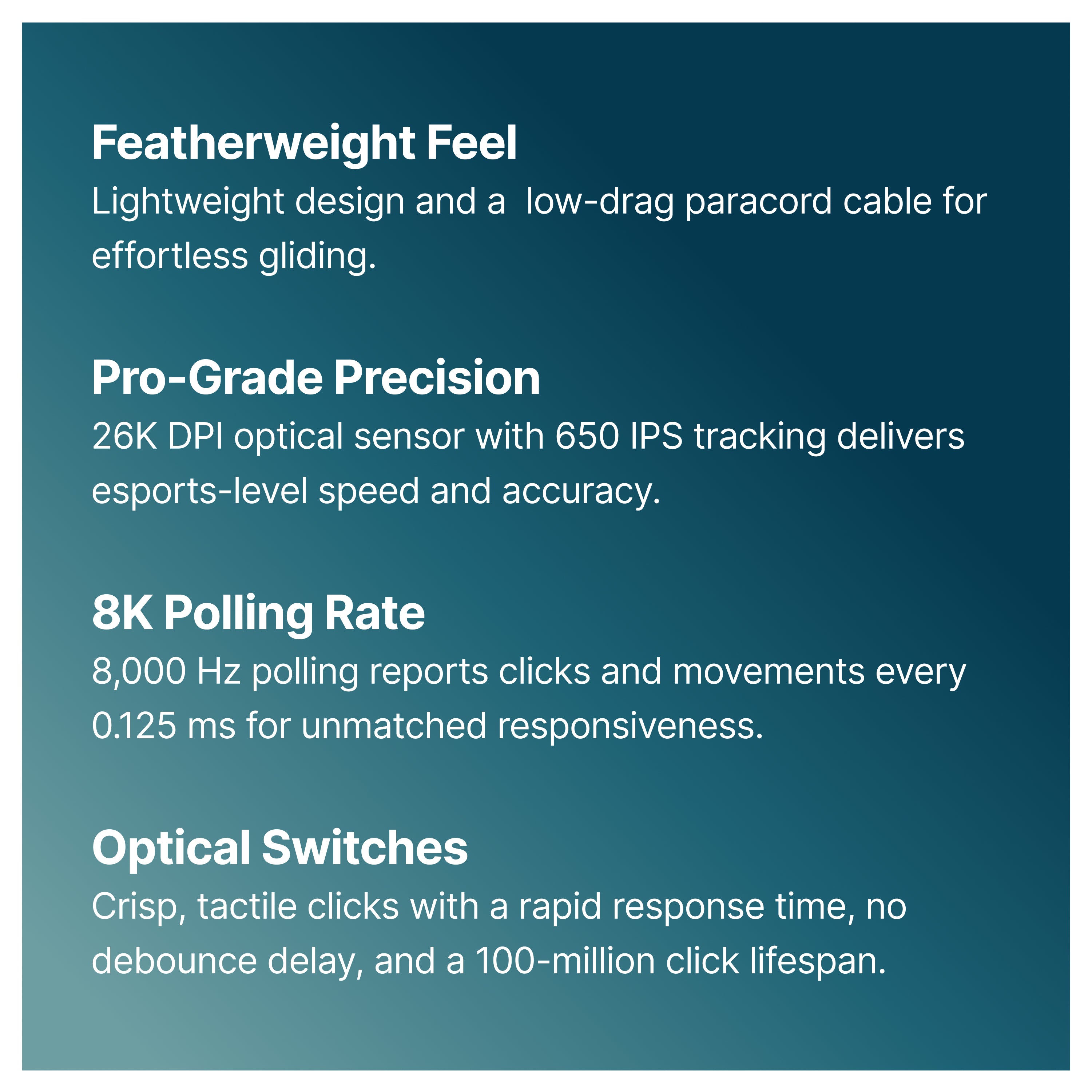 Product features listed on a blue gradient background include Featherweight Feel, Pro-Grade Precision (26K DPI, 650 IPS), 8K Polling Rate, and Optical Switches with 100-million click lifespan.