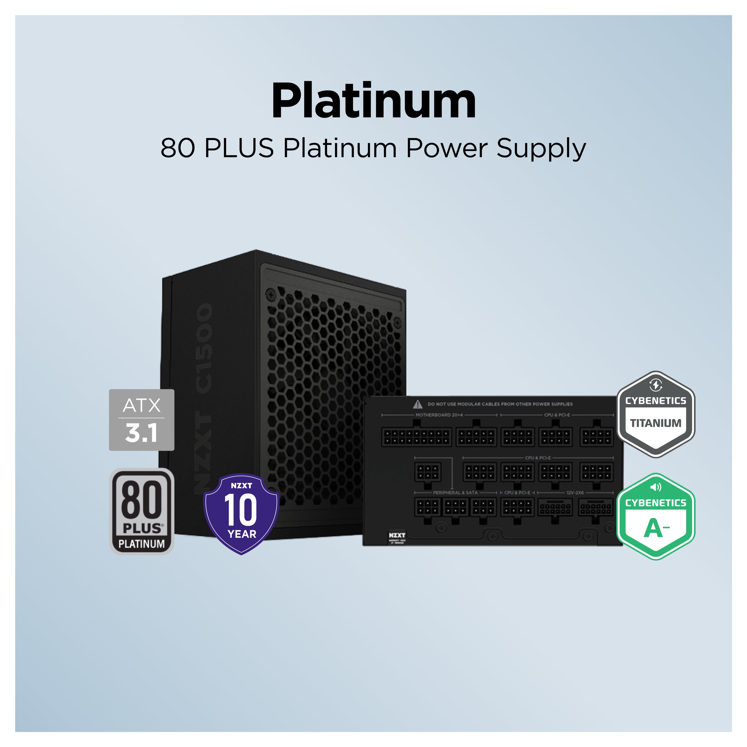 A black NZXT C1500 power supply is shown with the front and back sides visible. Text above reads “Platinum, 80 PLUS Platinum Power Supply.” Various certification and rating badges are displayed around the units.