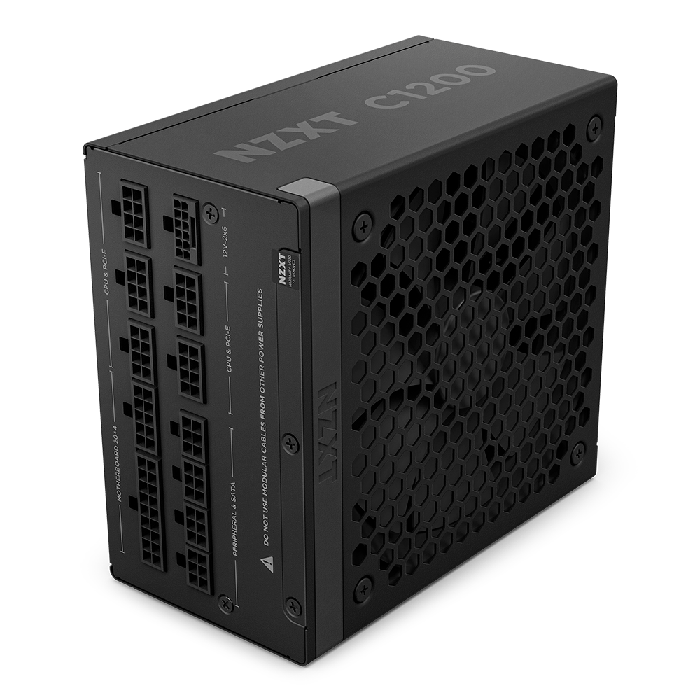 The NZXT C1200 Gold ATX 3.1 power supply, in black with modular ports and a honeycomb vent design, is shown at an angle—ideal for supporting new NVIDIA GeForce RTX 50 Series GPUs.