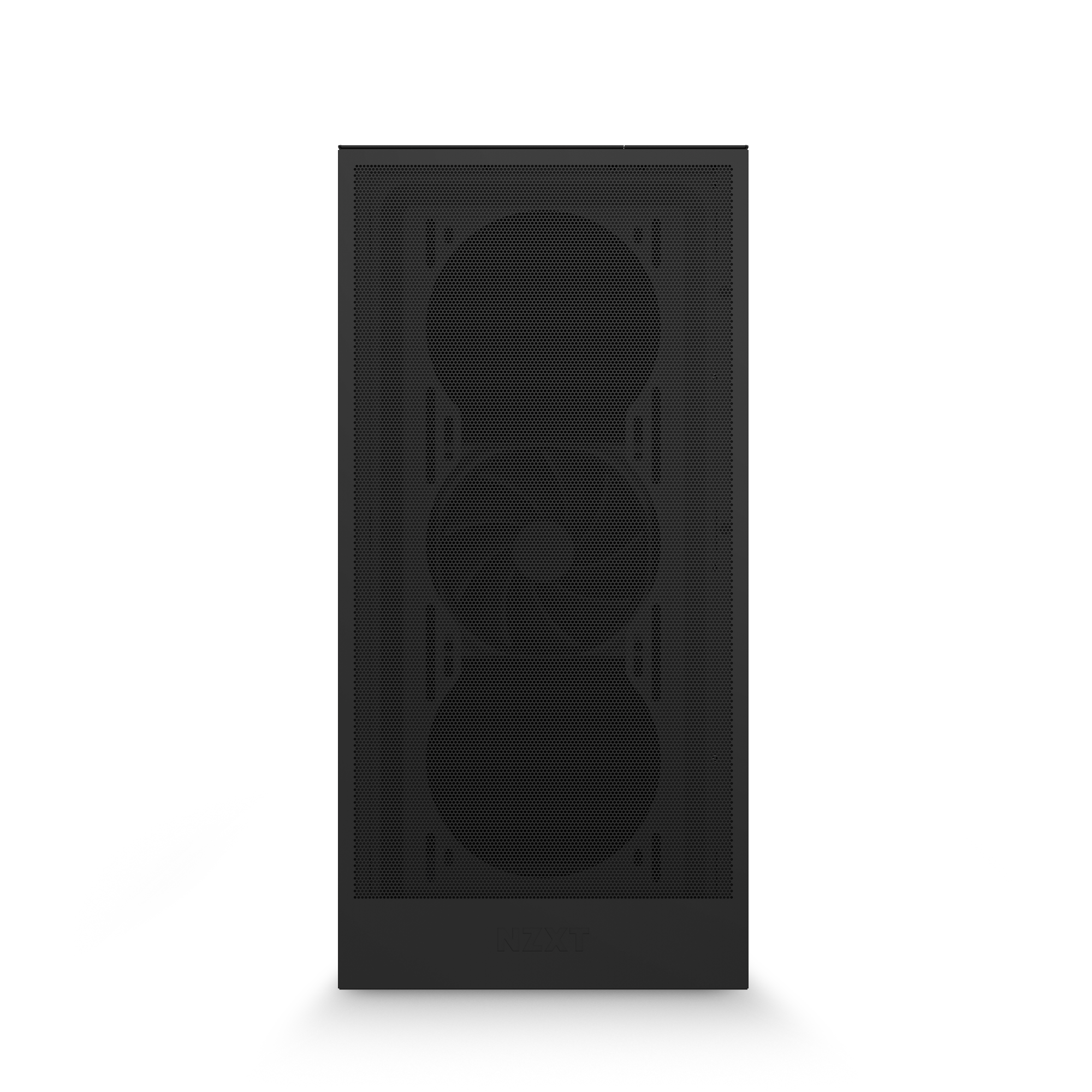 Front view of the NZXT Player PC | AMD 9070 XT Edition, showcasing a black case with mesh front panel and three vertically aligned fans—perfect for high-performance setups with an AMD 9070 XT or liquid cooling.