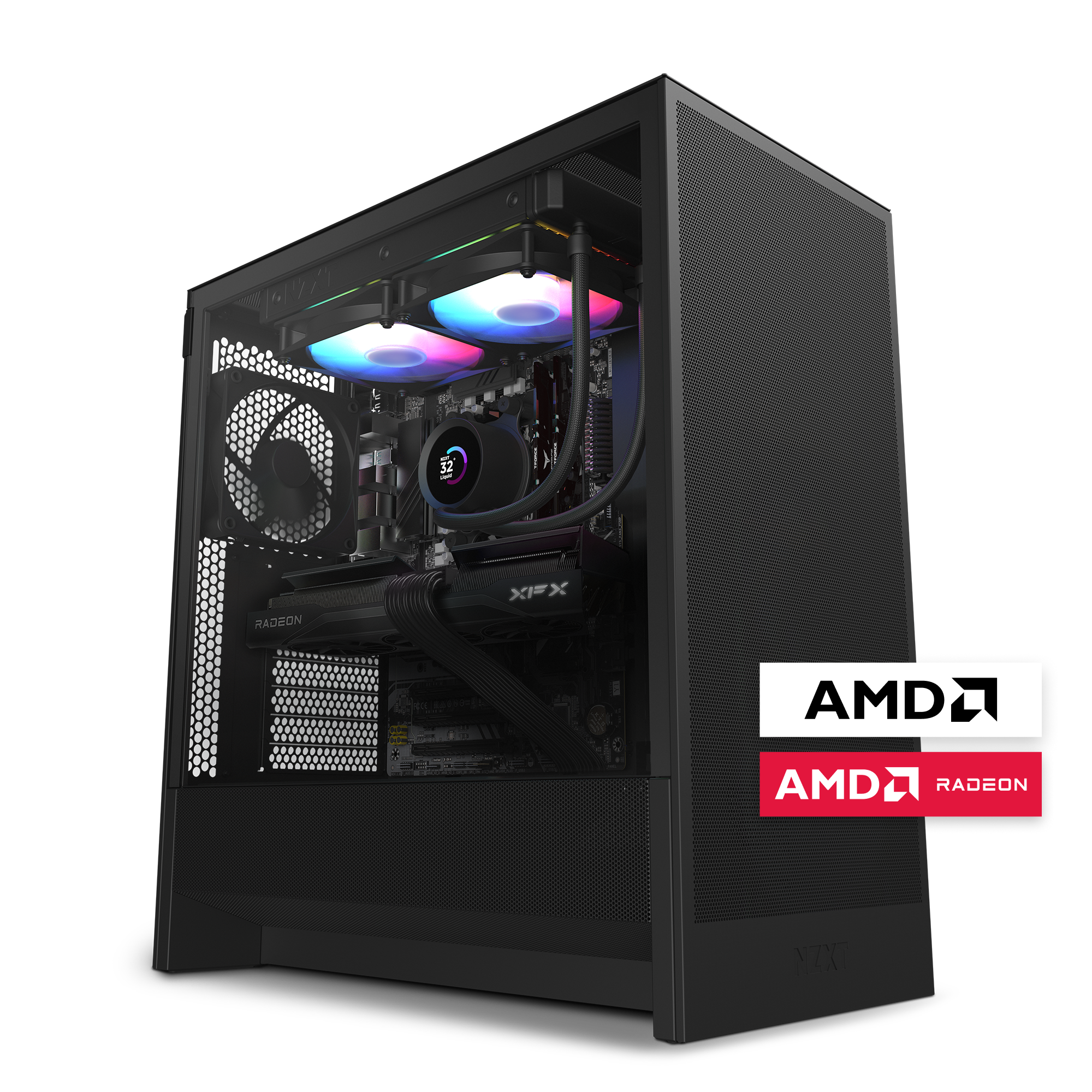 The NZXT Player PC | AMD 9070 XT Edition is a sleek black desktop gaming PC with RGB lighting, liquid cooling, visible XFX and AMD Radeon components, and bold AMD logos displayed on a white background.