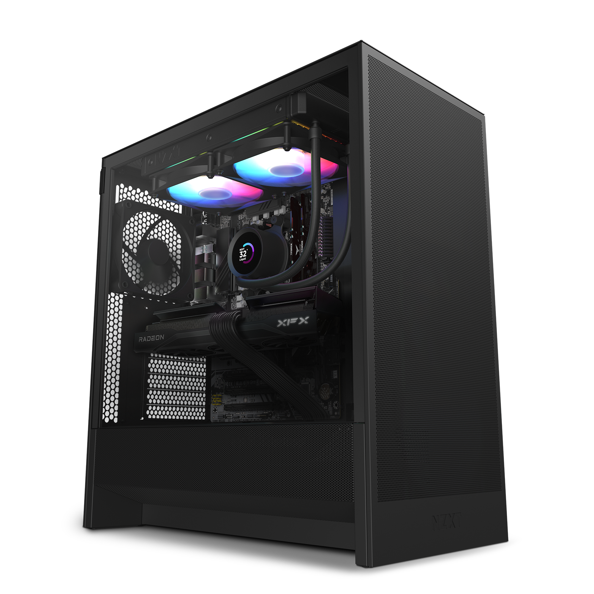 The NZXT Player PC | AMD 9070 XT Edition is a sleek black gaming desktop with RGB-lit fans, liquid cooling, and a transparent side panel showcasing the brightly illuminated AMD 9070 XT graphics card and motherboard.