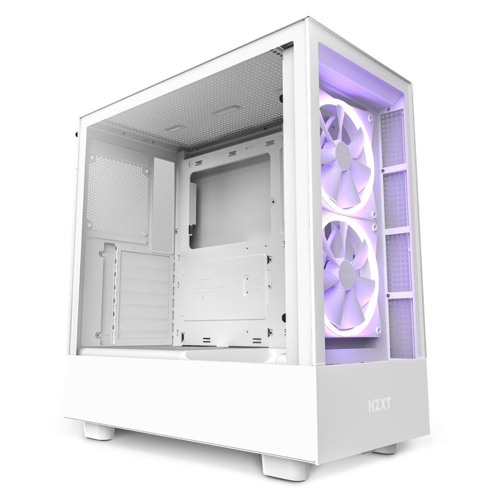 The NZXT H5 Elite + Kraken 120 is a white computer case with a tempered glass front panel, transparent side, empty interior, and two front cooling fans lit with purple RGB.