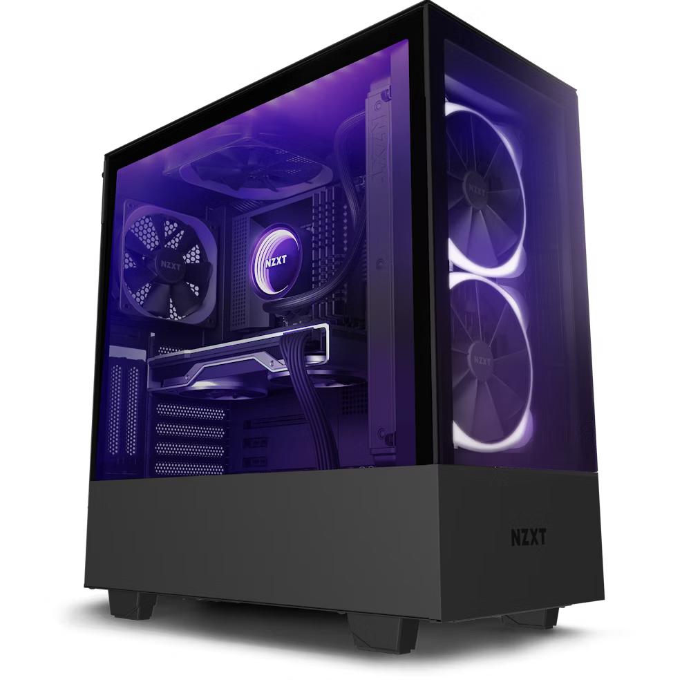 The Refurbished NZXT BLD Prebuild Creator Plus - #8137 features a modern black case with a transparent side panel showcasing internal components and eye-catching purple LED fans. Comes with a 2-year warranty for peace of mind.