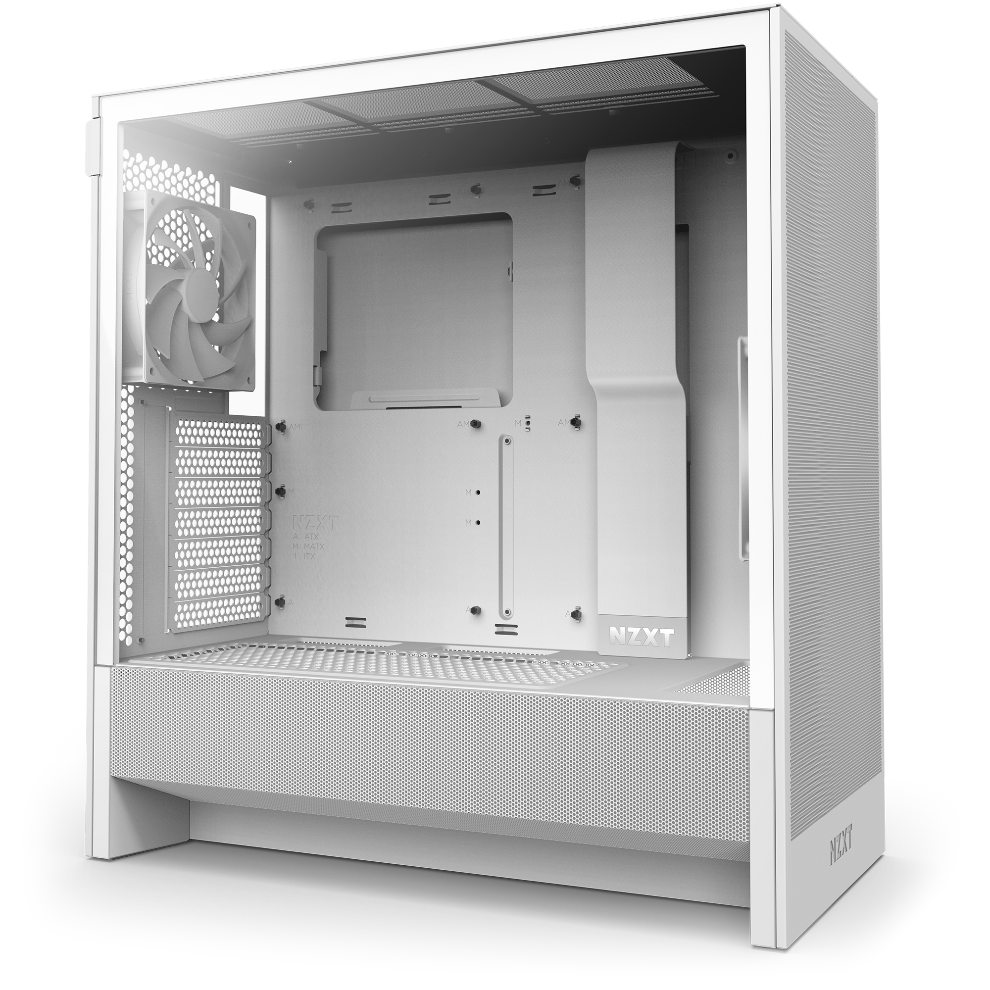 The NZXT H5 Flow + Kraken Elite 280 RGB features a white case with a removed side panel, showcasing an open interior designed for optimal GPU cooling, rear fan support, ventilation, and advanced cable management.