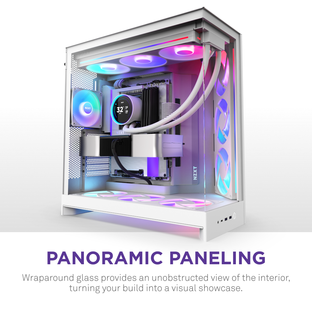 The NZXT H9 Flow RGB+ is a white gaming PC case featuring wraparound glass panels to showcase vibrant RGB lighting, included fans, and liquid cooling. Its dual-chamber design ensures optimized airflow for a visually stunning build.