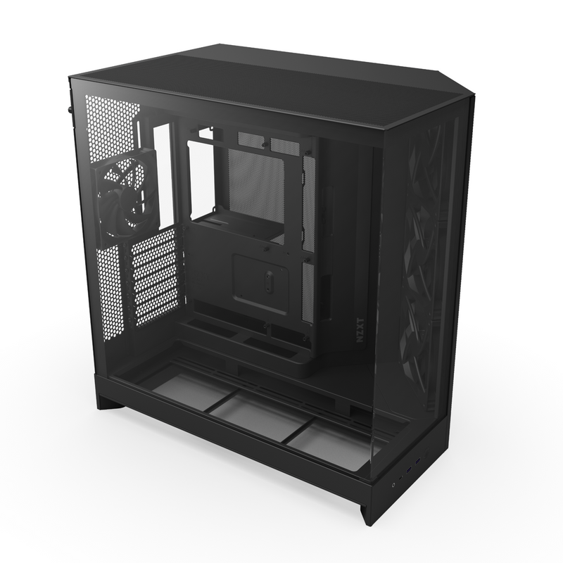 The NZXT Refurbished Custom Build - #8654 is a black, empty computer case with a transparent side panel, visible internal mounts, rear cooling fan, and mesh ventilation on the front and top—ideal for refurbished builds.