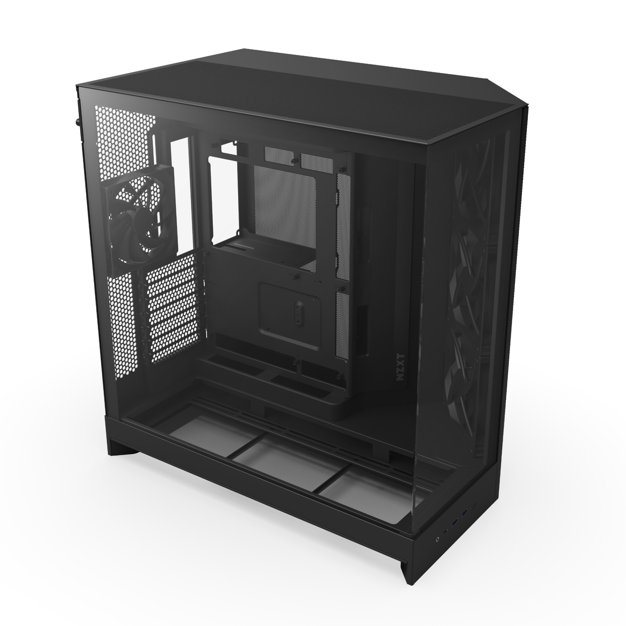 The NZXT Refurbished Player Three Prime - #8703 is a black computer case with a glass side panel, visible fans, spacious open interior, and ample airflow—perfect for refurbished builds or certified refurbished gaming PCs.