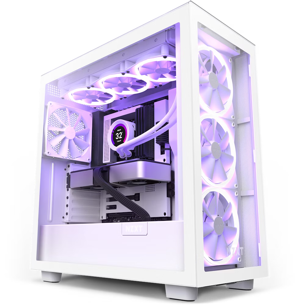 A white gaming PC case with transparent side panel, featuring RGB-lit cooling fans and internal components. The fans emit a soft purple glow, and the build has a clean, modern look with neatly organized cables.
