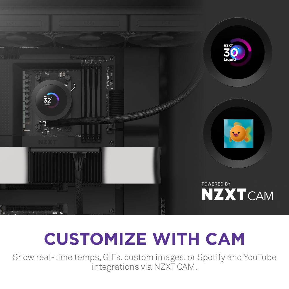 Close-up of a PC featuring the NZXT Kraken Plus 360 with high-performance cooling and circular LCD. The display shows real-time info, emojis, and more. Customize temps, GIFs, images, music, and more with NZXT CAM.