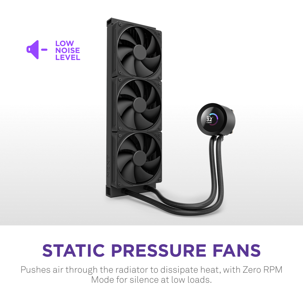 NZXT Kraken Plus 360 liquid cooling radiator features three static pressure fans and a Turbine pump for high-performance, low-noise cooling. Zero RPM Mode ensures silent operation at low loads.