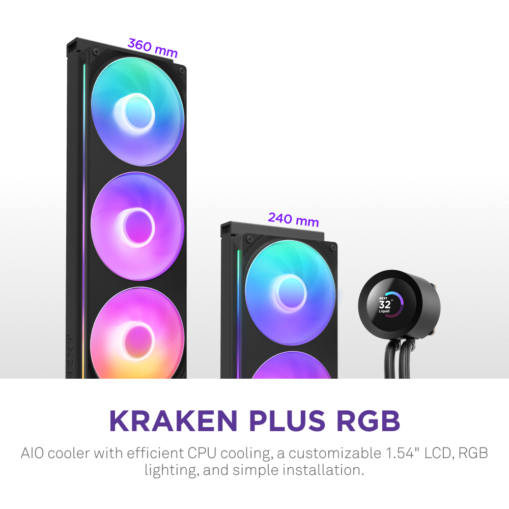 The NZXT Kraken Plus 360 RGB is a 360 mm AIO liquid cooler with customizable RGB fans, a round LCD screen, vibrant lighting effects, and advanced cooling features, all managed through NZXT CAM software.