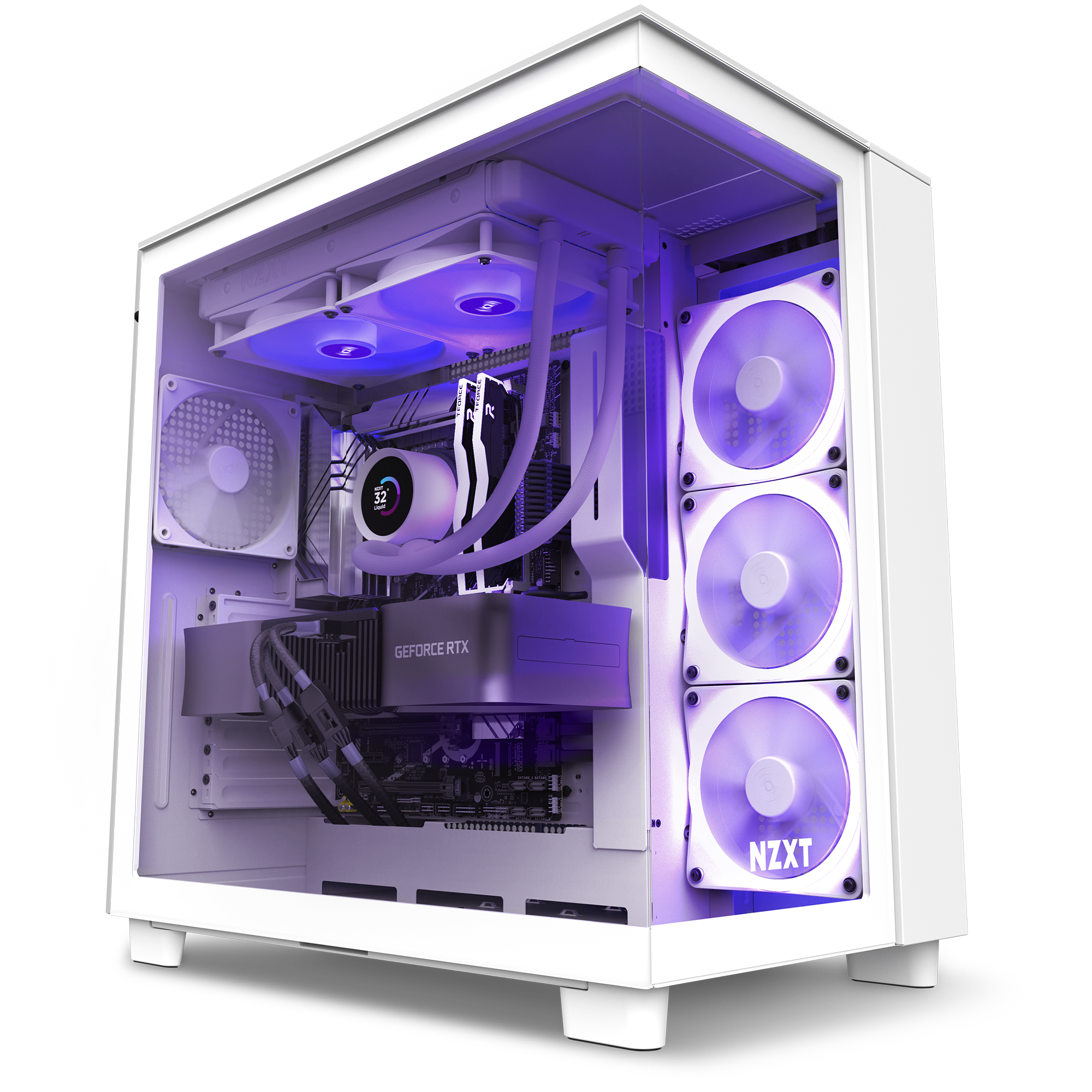 The NZXT Refurbished Custom Build - #8454 is a white gaming PC with a transparent side panel, purple LED lighting, visible cooling fans, Geforce RTX graphics card, and all-in-one liquid cooling—ideal for high-performance prebuilt systems.