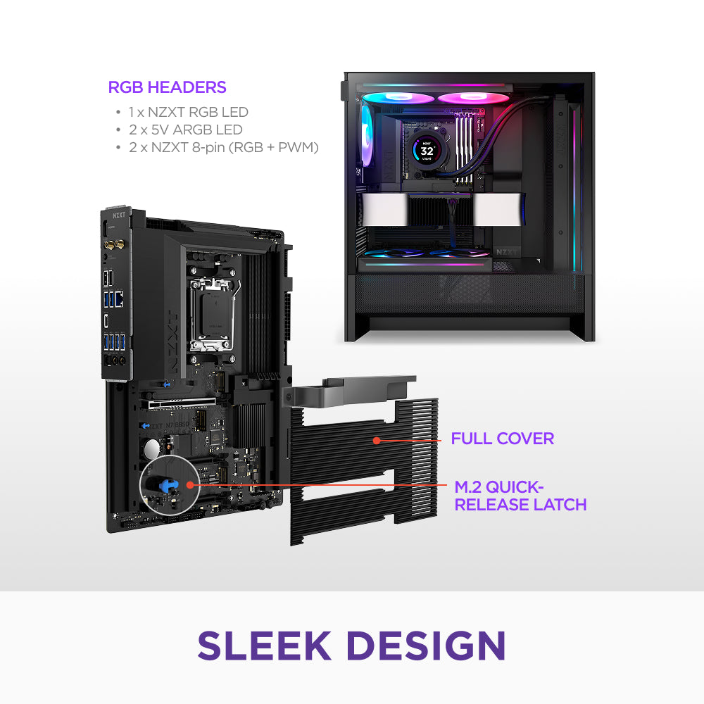 Computer case with RGB lighting and hardware components on a white background