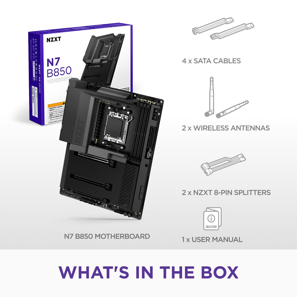 NZXT N7 B850 motherboard with packaging and included components on a white background
