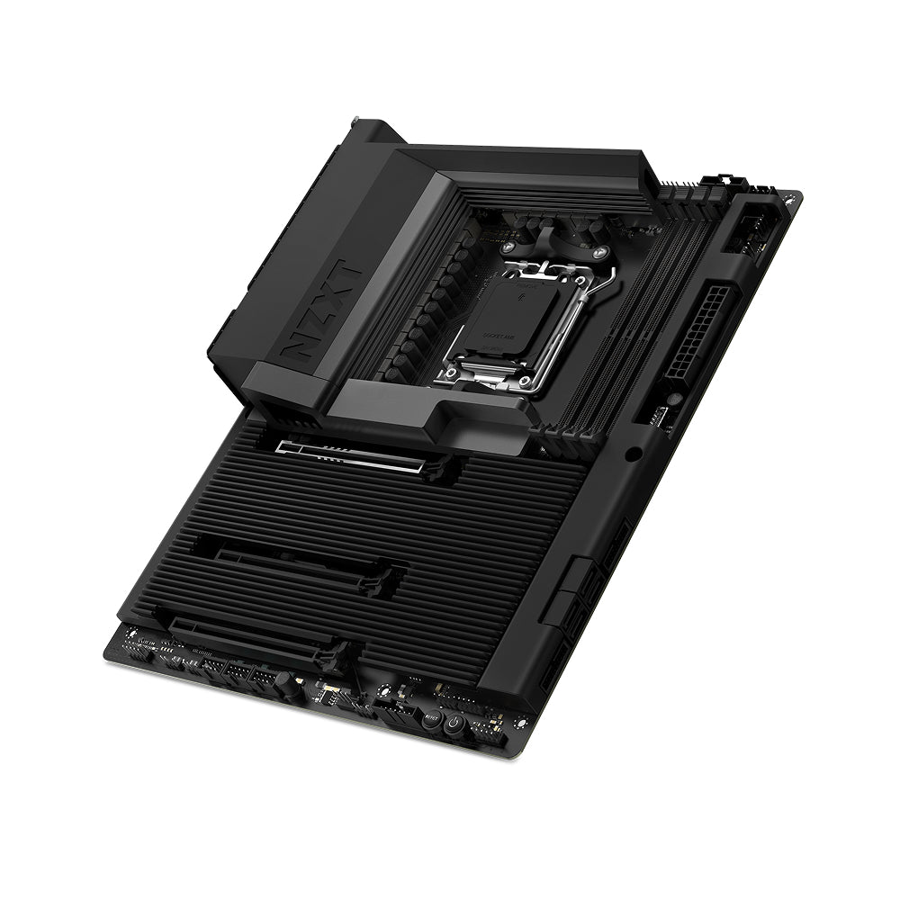 Computer motherboard with CPU socket on a white background