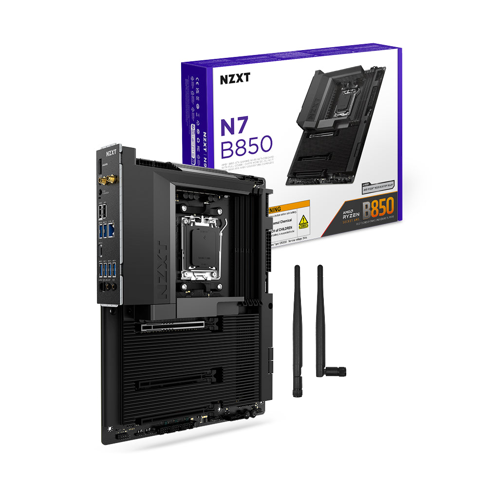 Computer motherboard with antennas and NZXT box on a white background