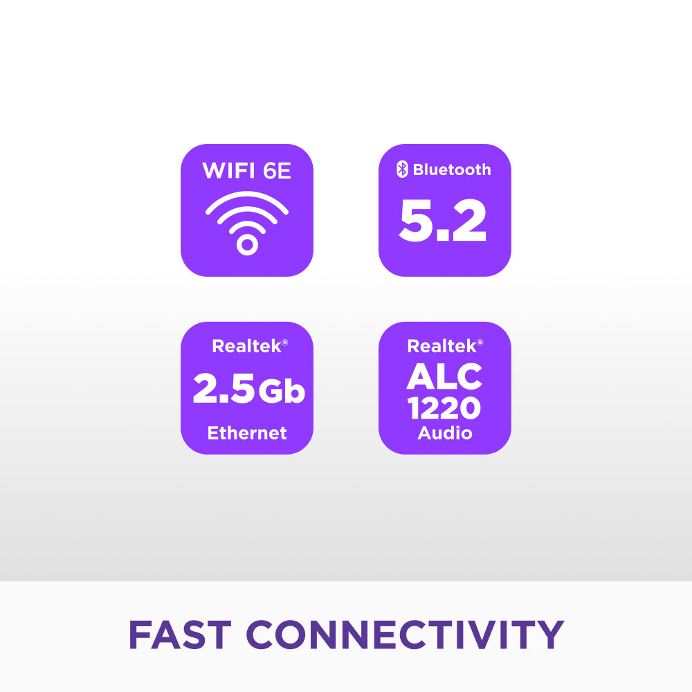 Icons representing WiFi 6E, Bluetooth 5.2, 2.5Gb Ethernet, and Realtek ALC 1220 Audio on a light gray background.