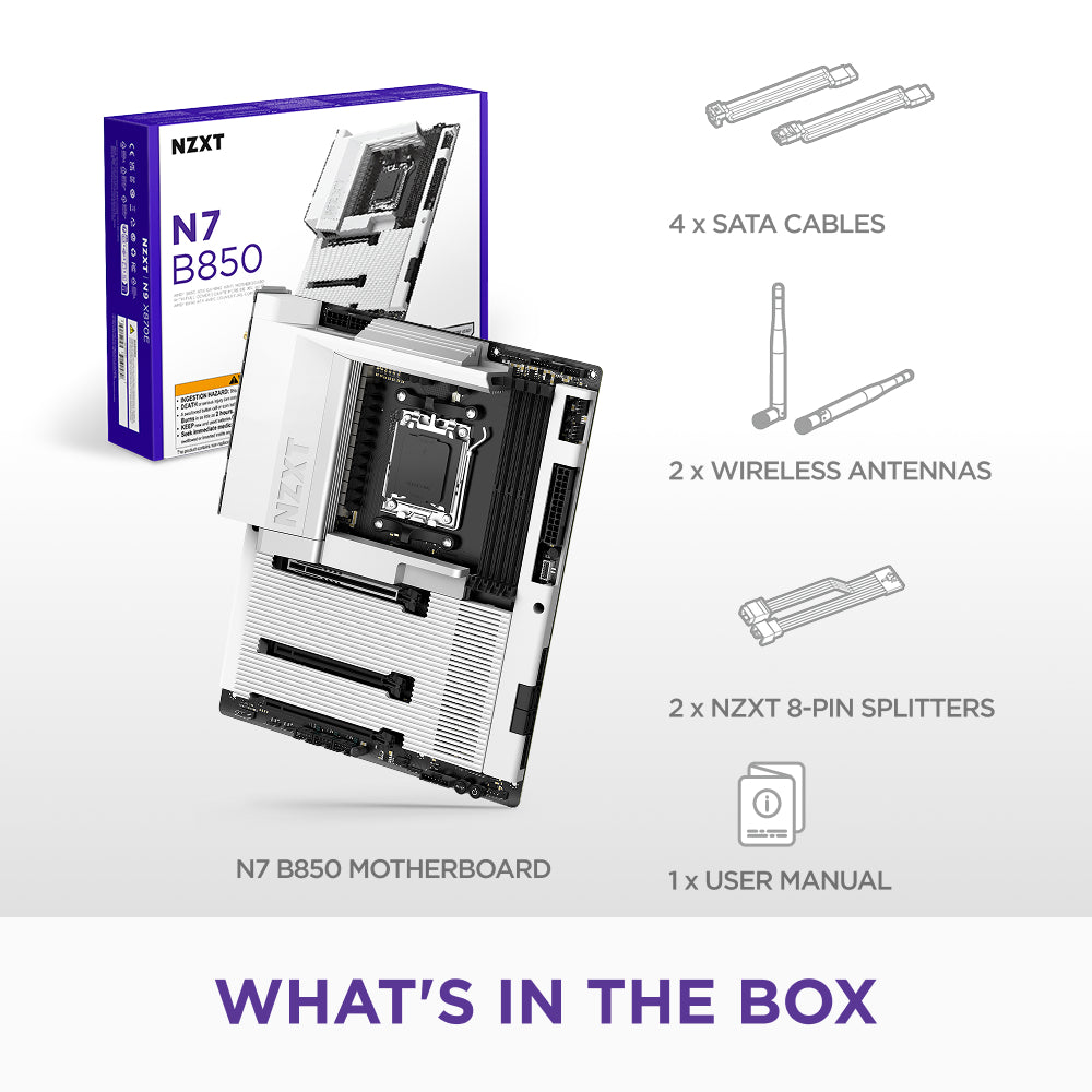NZXT N7 B850 motherboard with packaging and included components on a white background