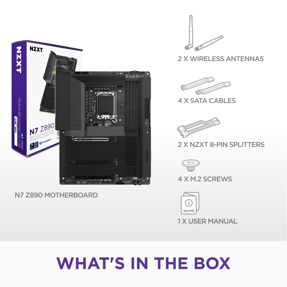 The NZXT N7 Z890 box includes: motherboard, 2 wireless antennas, 4 SATA cables, 2 NZXT 8-pin splitters, 4 M.2 screws, and a user manual. It supports PCIe 5.0 expansion for advanced gaming with Intel Core Ultra processors.