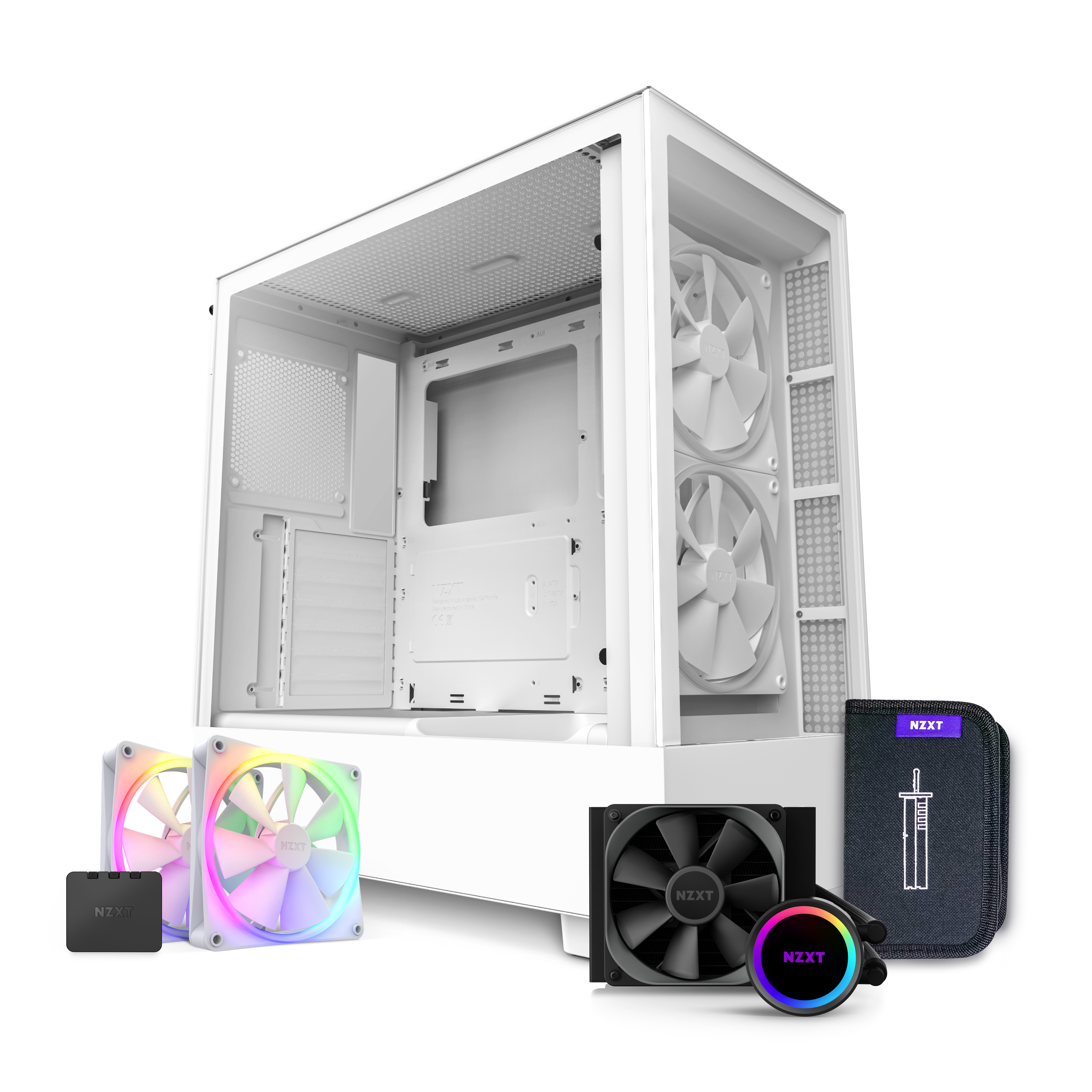 The NZXT H5 Elite + Kraken 120 bundle includes a white desktop PC case with RGB lighting, tempered glass front panel, visible cooling fans, an NZXT liquid cooler, thermal paste syringe, and an NZXT accessory kit arranged in front.