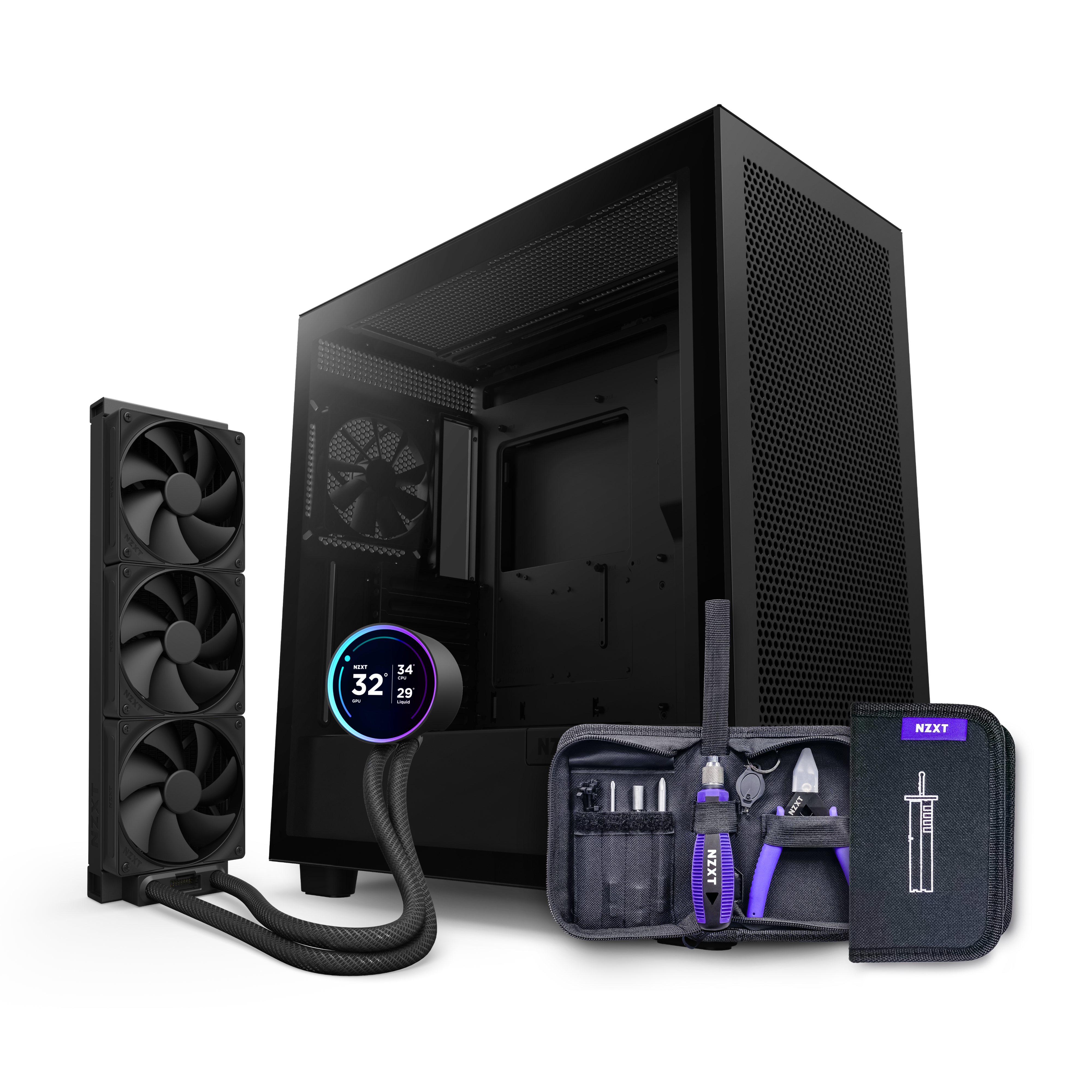 NZXT’s H7 Flow (2022) mid-tower case and Kraken Elite 360 triple-fan liquid cooler with digital display are shown alongside an open toolkit with a purple-labeled case, all set against a black background.