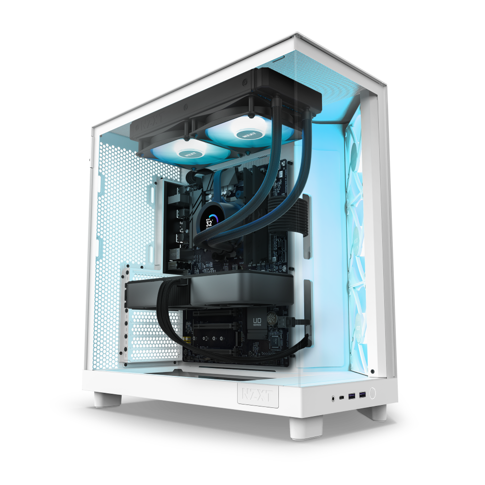 The NZXT Refurbished Player Two Prime - #8701 is a white gaming PC with a transparent side panel, RGB lighting, liquid cooling, premium components like a large GPU and multiple fans—perfect for those seeking elite Certified Refurbished Gaming PCs.