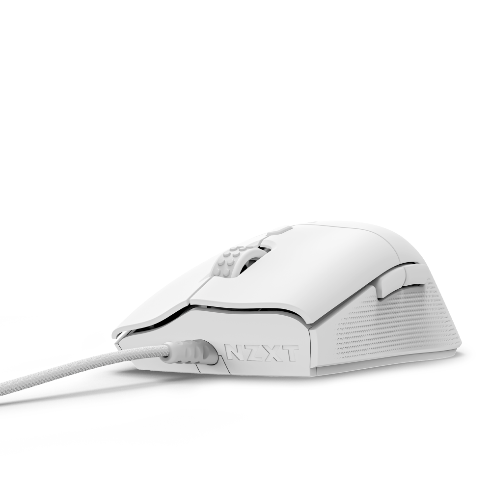 The NZXT Lift 2 Ergo is a white wired mouse with a 26,000 DPI sensor, textured side grip, two side buttons, and NZXT branding on the front left. It’s displayed against a plain light background.