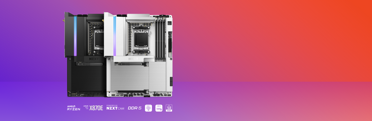 The NZXT N9 X870E motherboard in black and white with RGB lighting accents, above badges for AMD Ryzen, Wi-Fi 7, PCIe 5.0 Ready, NZXT CAM, USB4 and DDR5.