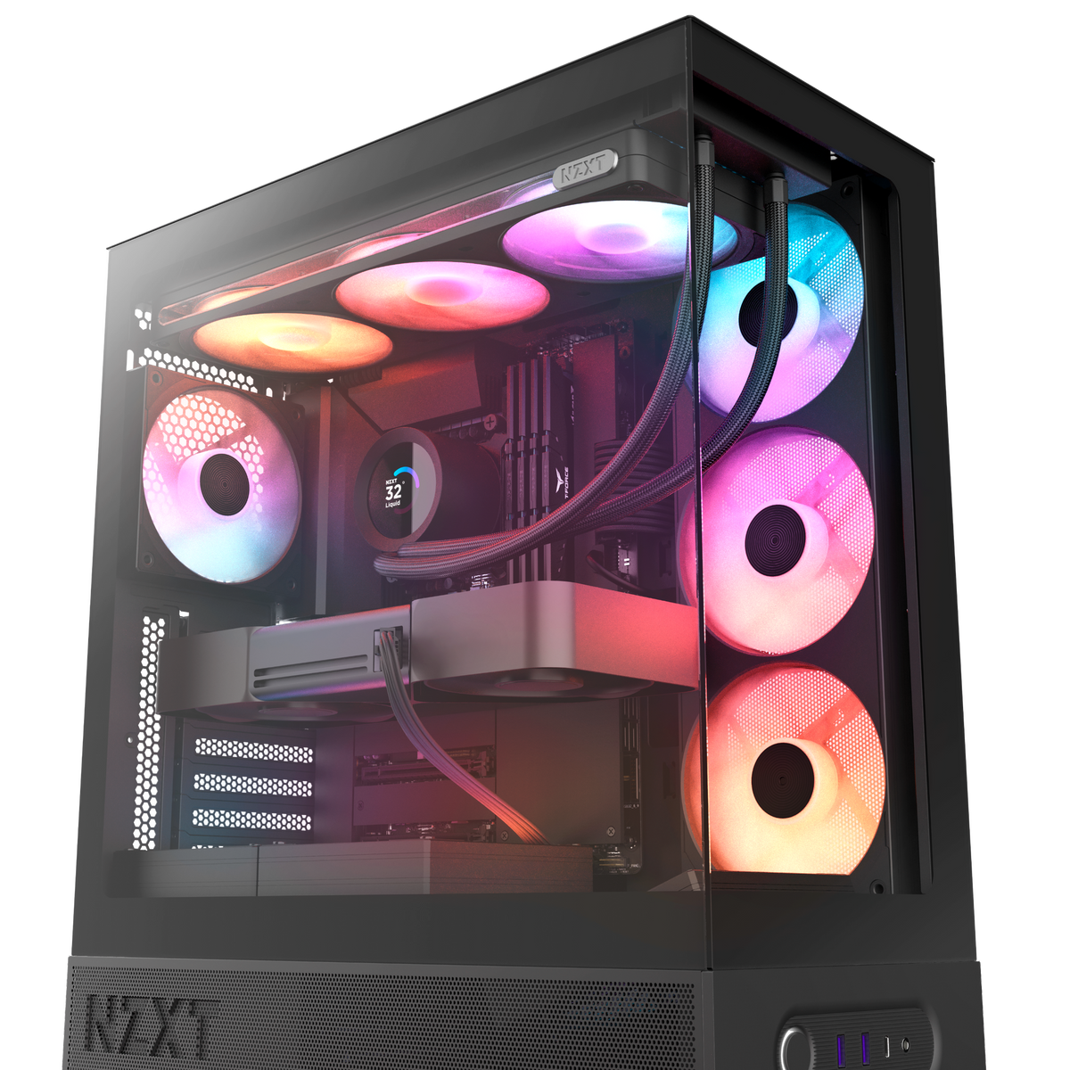 NZXT S5 RGB black, corner detail where the panoramic dual tempered glass meets, RGB lit